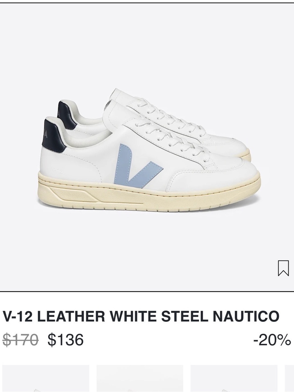 Veja V-12 Leather Sneakers in White with Steel Blue and Navy Accents